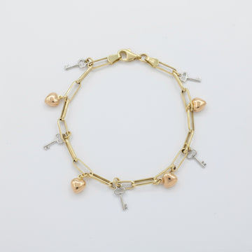 Pulsera de Oro 14k Diseño Hueco y fino con Dijes de Corazón y Llaves mod. 10017