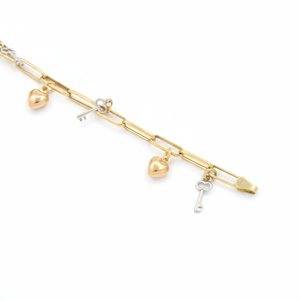 Pulsera de Oro 14k Diseño Hueco y fino con Dijes de Corazón y Llaves mod. 10017