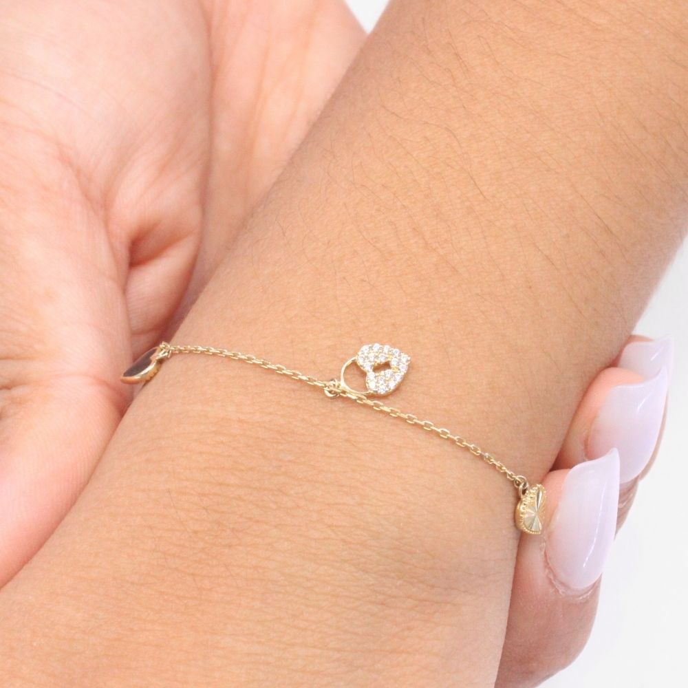 Pulsera de Oro 14k Diseño de Corazones y Candados mod. 9007