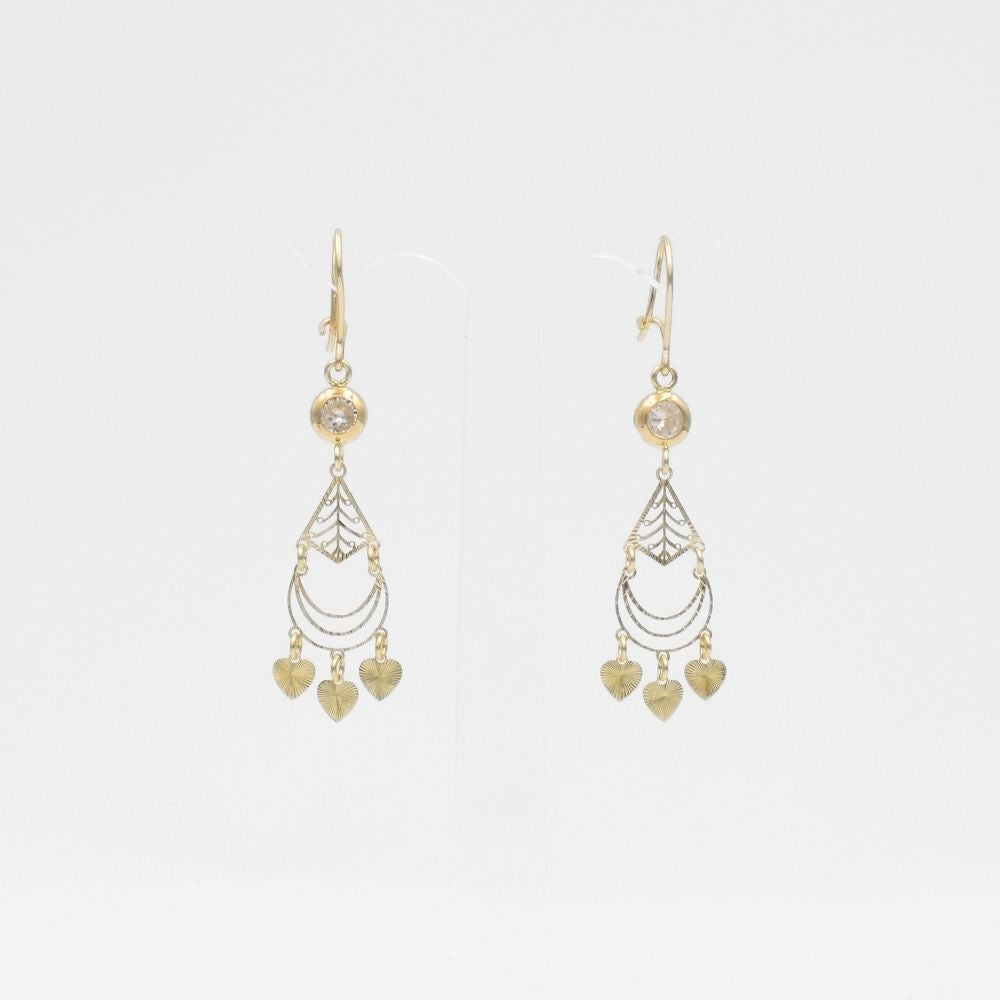 Arete Largo de Oro 14k de Diseño Colgante Fino con Zirconia Brillante y Corazones Lisos mod. 9771
