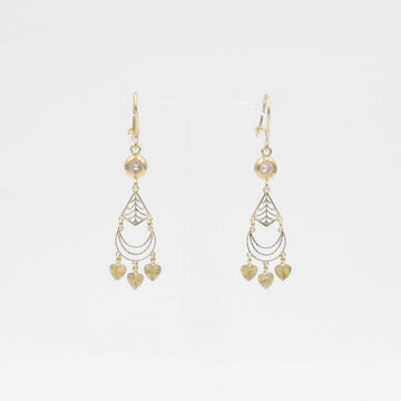 Arete Largo de Oro 14k de Diseño Colgante Fino con Zirconia Brillante y Corazones Lisos mod. 9771