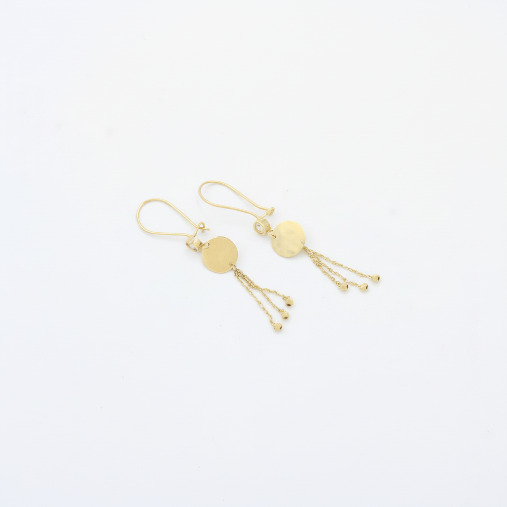 Arete Largo de Oro 14k Modelo Elegante con Círculo Espejo y Zirconia Fina mod. 10118