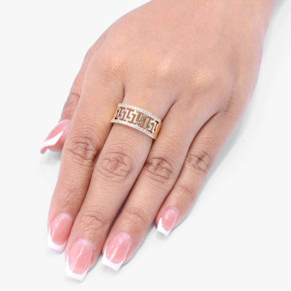 Anillo de Oro 14k con Calado de Grecas e Incrustación de Zirconias mod. 8629