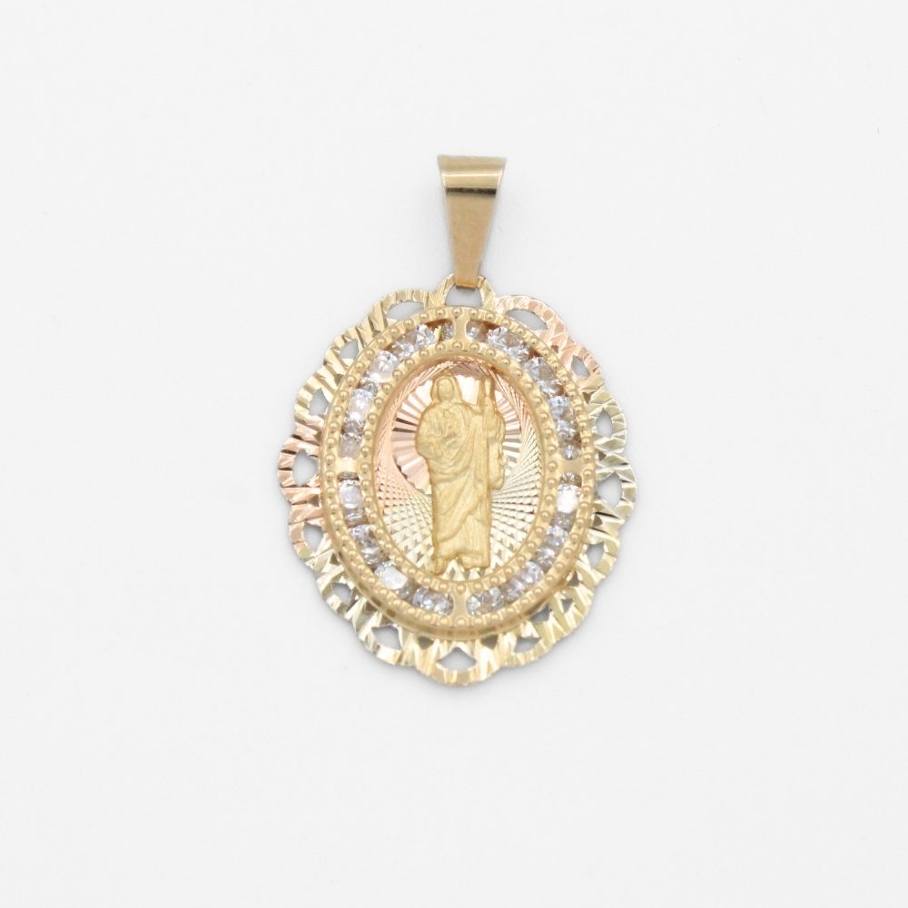 Medalla de Oro 14k San Judas en Diseño Oval Diamantado con Zirconias Brillantes mod. 9846