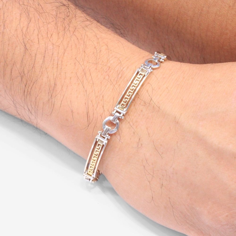 Pulsera de Oro 14k Combinado Sólido con Eslabones Largos Calados con Grecas mod. 8667