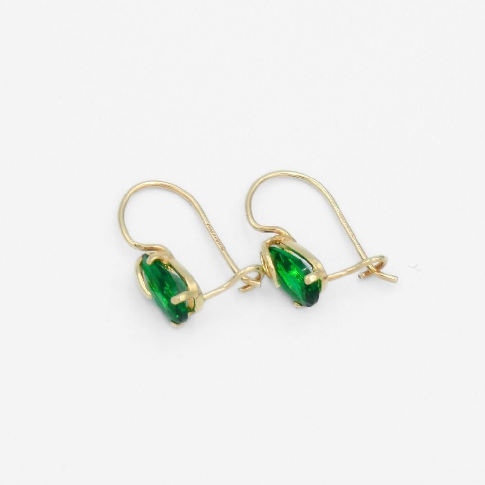 Arete con Broche Arillo de Oro 14k Gota de Zirconia Color Verde Esmeralda mod. 9766