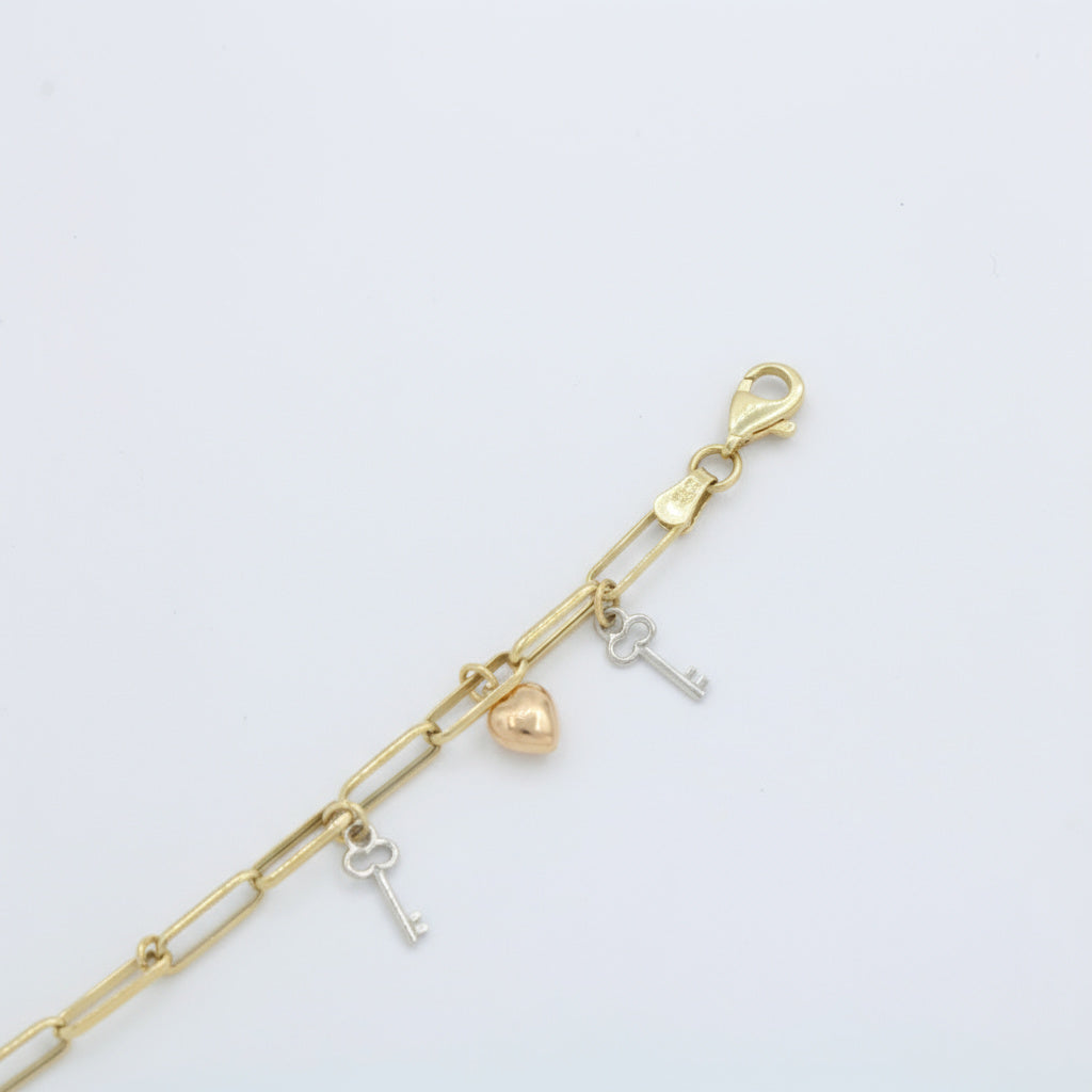 Pulsera de Oro 14k Diseño Hueco y fino con Dijes de Corazón y Llaves mod. 10017