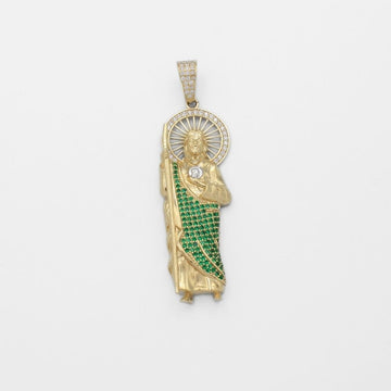 Dije de Oro 14k San Judas Tadeo con Manto de Zirconias Verdes y Aureola Detallada Mod. 9865