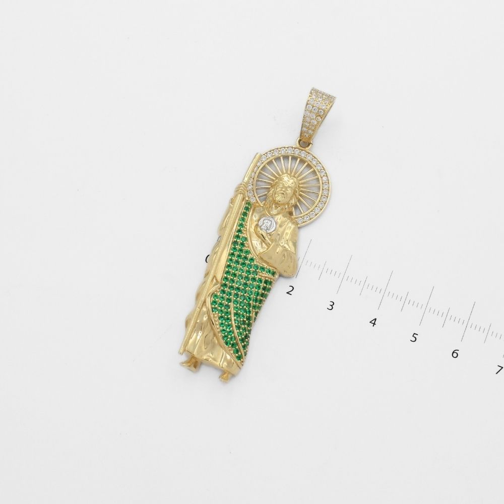 Dije de Oro 14k San Judas Tadeo con Manto de Zirconias Verdes y Aureola Detallada Mod. 9865