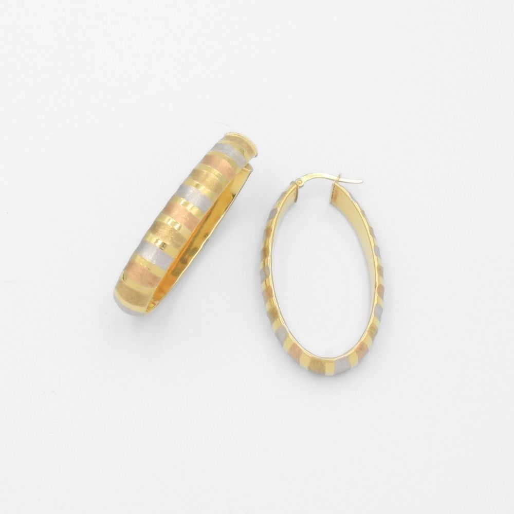 Arracada de Oro 14k Diseño Oval Hueco con Rayado de Tonos Mate mod. 9774