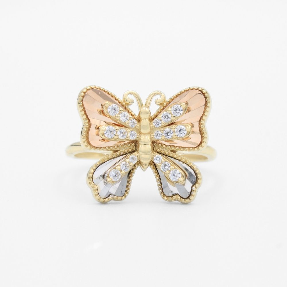Anillo de Oro 14k Mariposa de Alas Diamantas e Incrustación de Zirconias mod. 9583