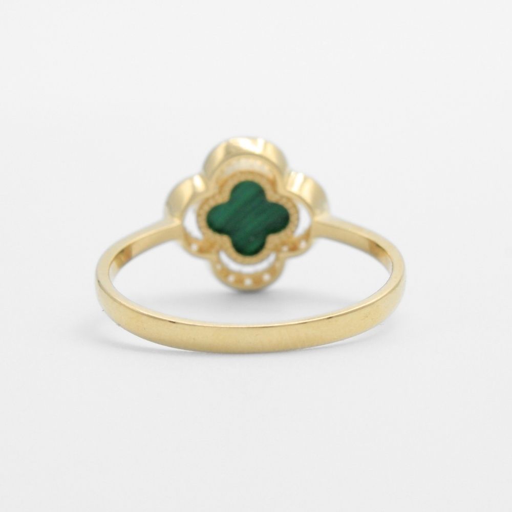 Anillo de Oro 14k Trébol de Malaquita con Detalle de Zirconias mod. 9663
