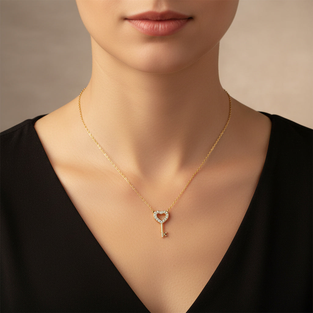 Gargantilla de Oro 14k Llave de Corazón con Zirconias Finas mod. 10067