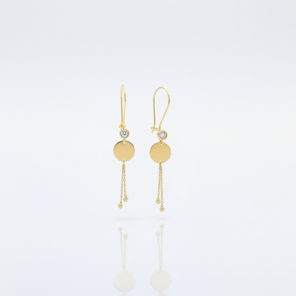 Arete Largo de Oro 14k Modelo Elegante con Círculo Espejo y Zirconia Fina mod. 10118