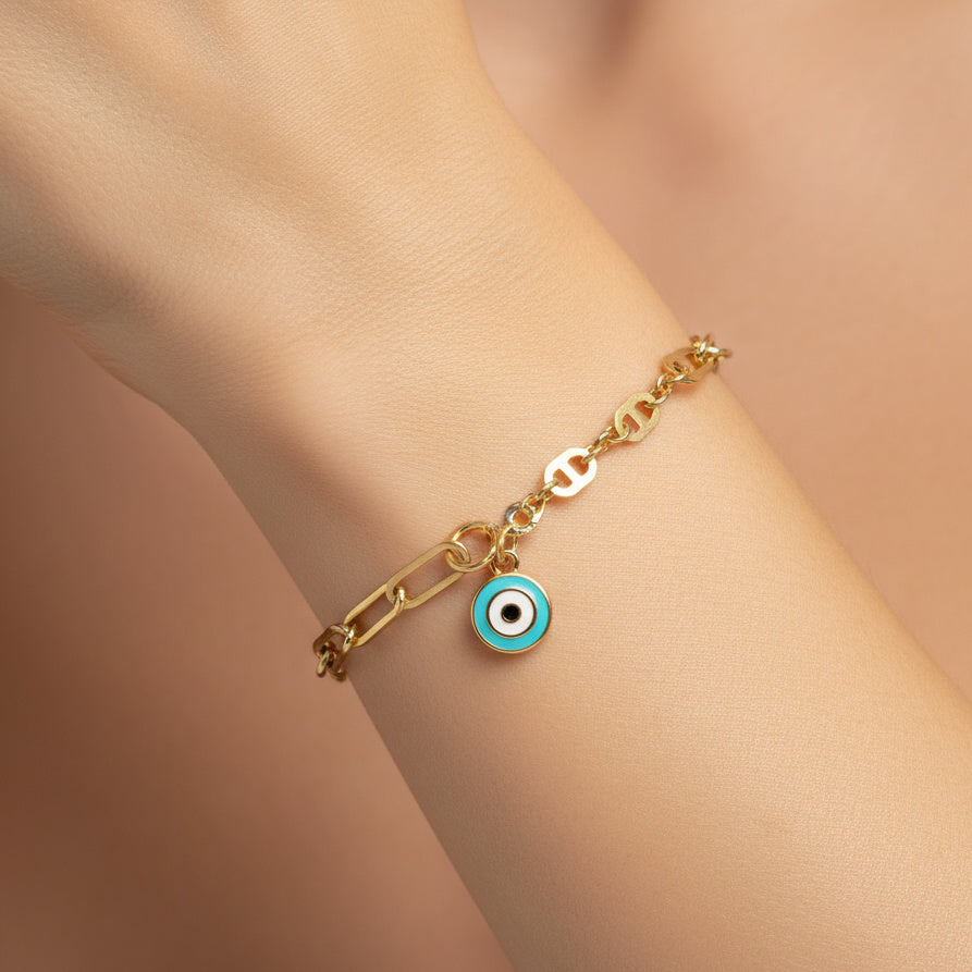 Pulsera de Oro 14k Diseño Combinado con Ojo Turco mod. 10019
