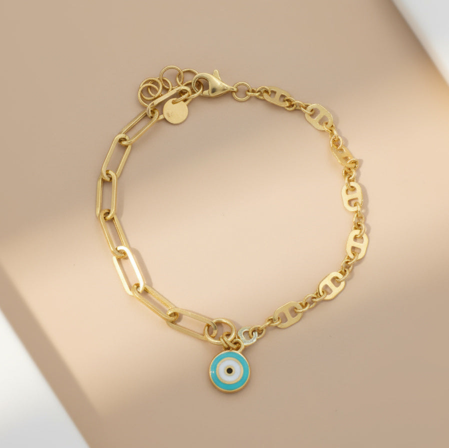 Pulsera de Oro 14k Diseño Combinado con Ojo Turco mod. 10019