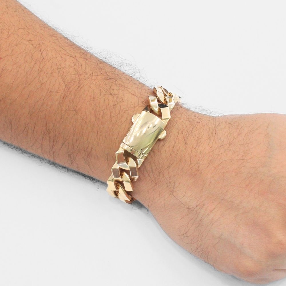 Pulsera de Oro 14k Tejido Barbado Fino Hueco con Broche Brillante  mod. 9923