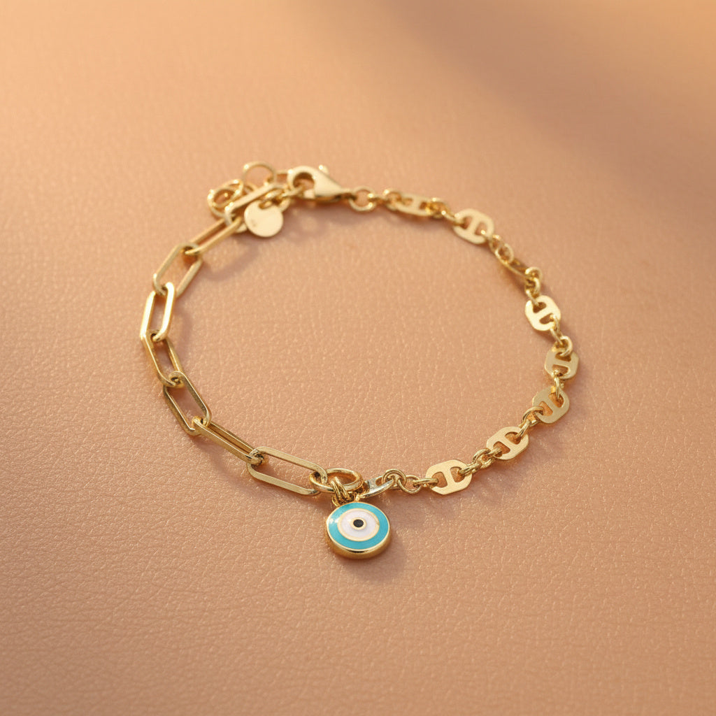 Pulsera de Oro 14k Diseño Combinado con Ojo Turco mod. 10019