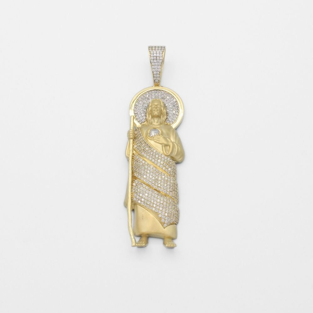 Dije de Oro 14k San Judas Tadeo con Manto de Zirconias Blancas y Aureola Brillante Mod. 9868