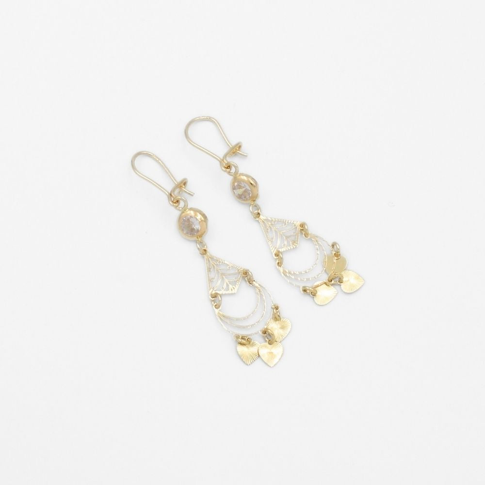 Arete Largo de Oro 14k de Diseño Colgante Fino con Zirconia Brillante y Corazones Lisos mod. 9771