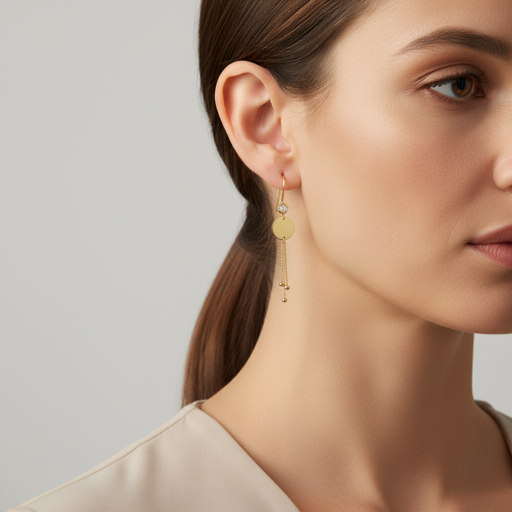 Arete Largo de Oro 14k Modelo Elegante con Círculo Espejo y Zirconia Fina mod. 10118