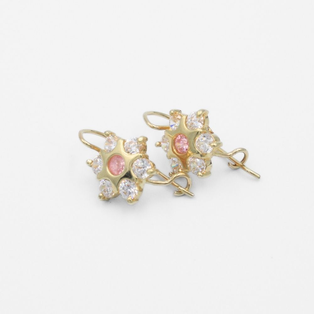 Arete con Broche Arillo de Oro 14k con Diseño Estrella Incrustado con Zirconia Rosa mod. 9762