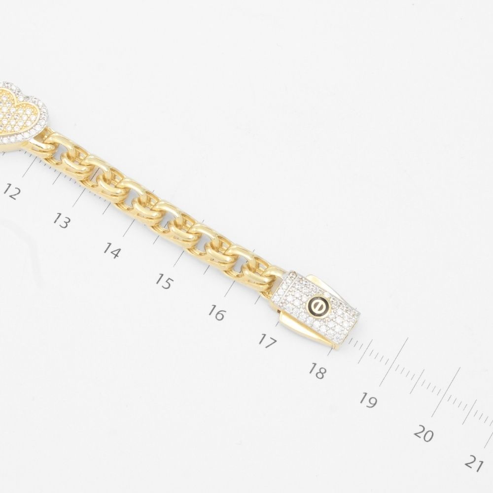 Pulsera de Oro 14k Diseño Plus de Tejido Chino con Corazones Incrustado con Zirconias Finas mod. 9380