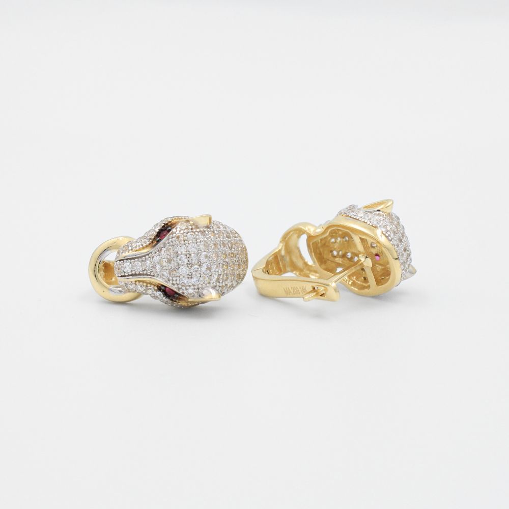 Arete con Broche Patente de Oro 14k Pantera de Ojos Rojos con Zirconias mod. 9061
