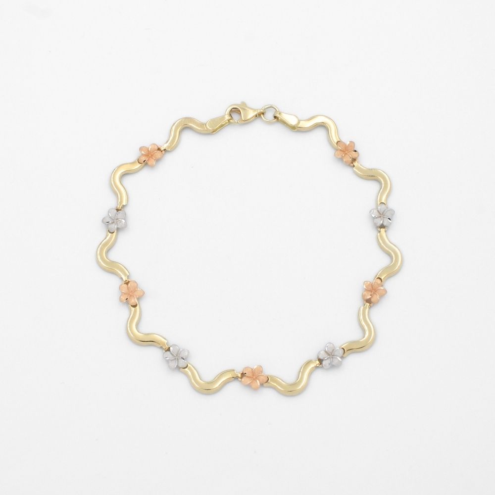 Pulsera de Oro 14k Hueca de Diseño Curvo con Flores del Pensamiento mod. 9690