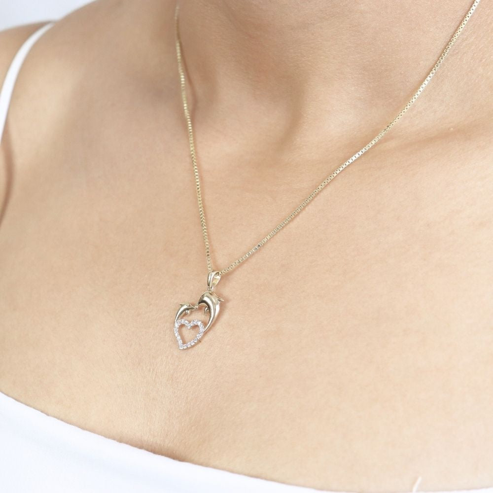 Dije de Oro 14k Delfines y Corazón de Zirconias mod. 0648