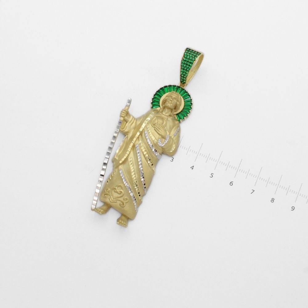 Dije de Oro 14k San Judas Tadeo con Detalles de Zirconias Verdes en Aureola y Manto  Mod. 9869