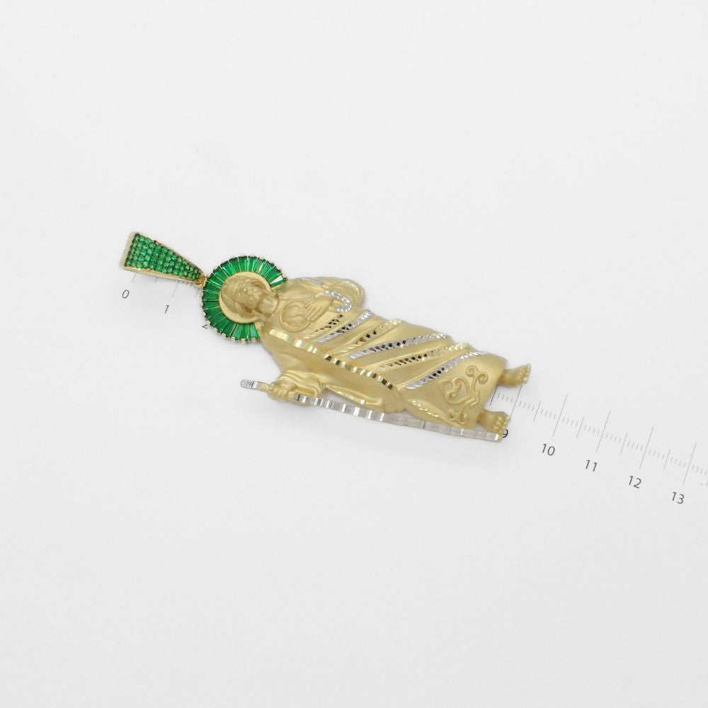 Dije de Oro 14k San Judas Tadeo con Detalles de Zirconias Verdes en Aureola y Manto  Mod. 9869