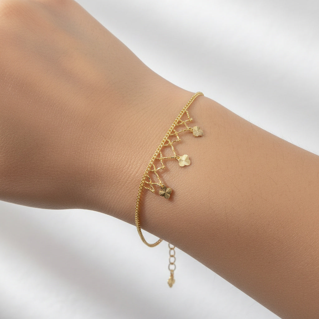 Pulsera de Oro 14k Fina con Detalle Especial en Diseño de Red con Tréboles Diamantados mod. 10021