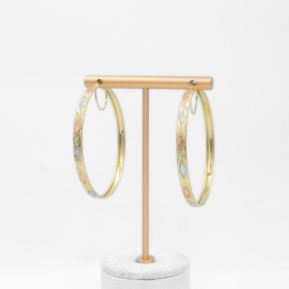 Arracada de Oro 14k Diseño Circular Hueco con Rombos en Diamantado Fino mod. 9775