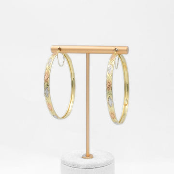 Arracada de Oro 14k Diseño Circular Hueco con Rombos en Diamantado Fino mod. 9775