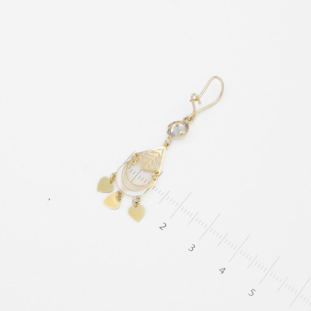 Arete Largo de Oro 14k de Diseño Colgante Fino con Zirconia Brillante y Corazones Lisos mod. 9771