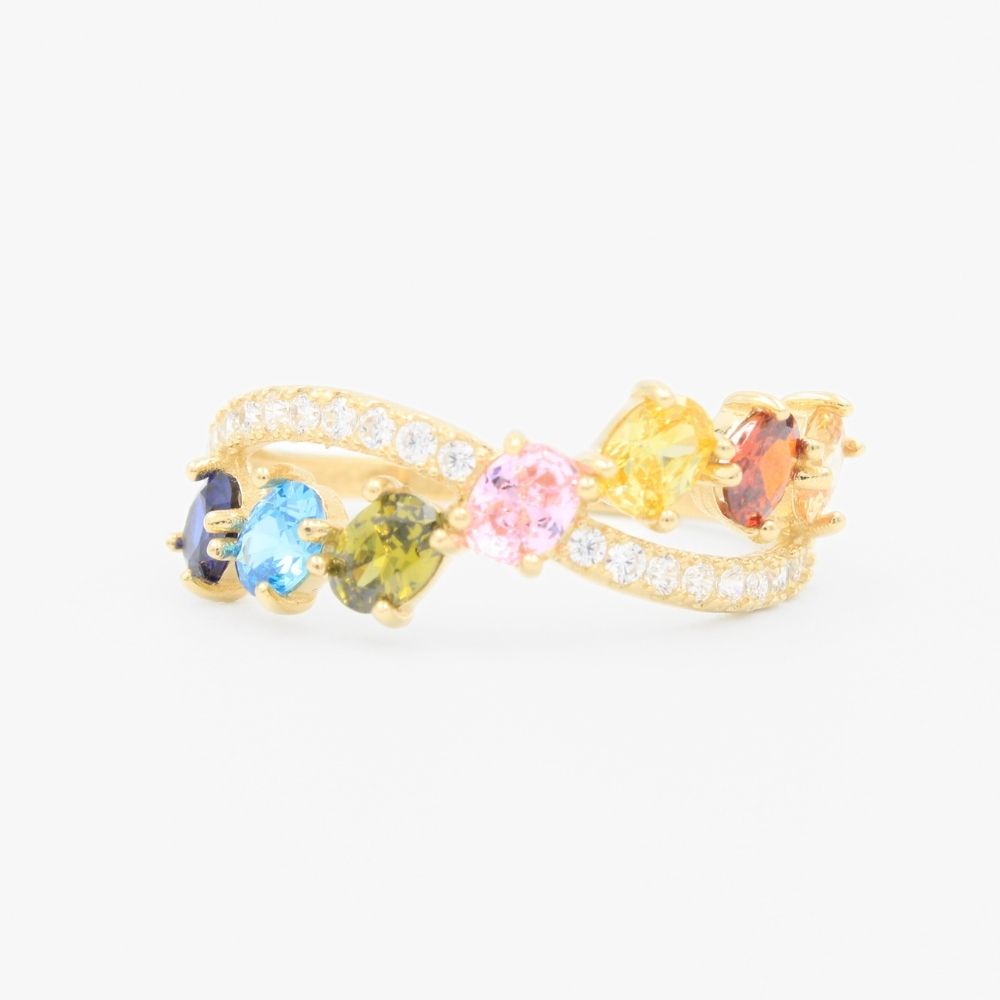 Anillo de Oro 14k de Diseño Cruzado Incrustado de Zirconias de Colores mod. 9274