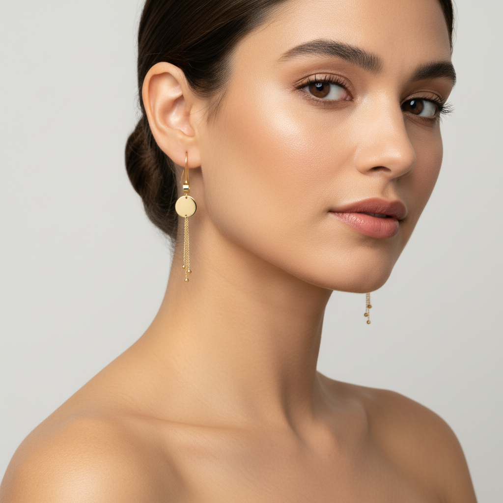 Arete Largo de Oro 14k Modelo Elegante con Círculo Espejo y Zirconia Fina mod. 10118