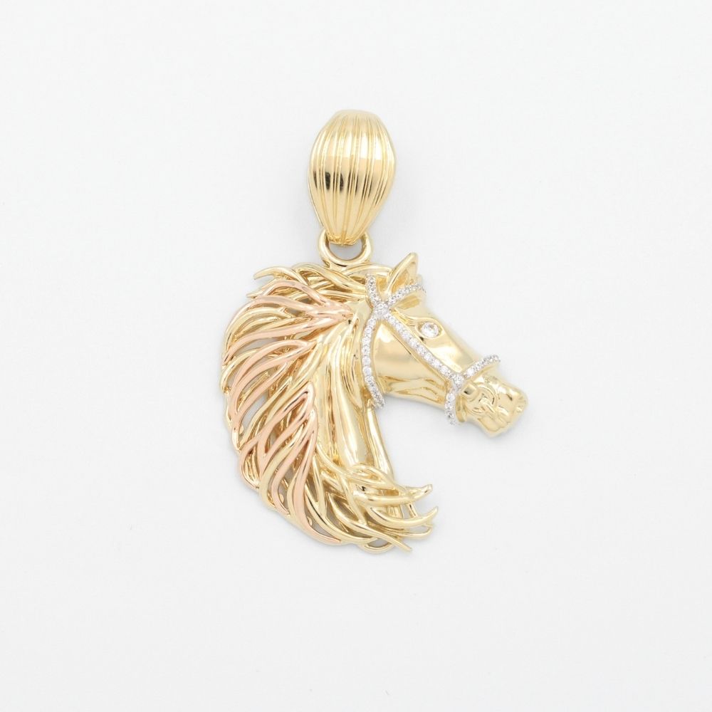 Dije de Oro 14k Diseño de Caballo  con Melena Rosa con Zirconia mod. 9475