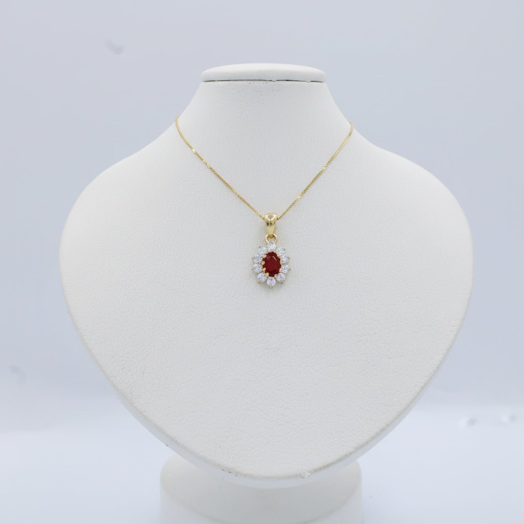 Gargantilla de Oro 14k Óvalo Rojo Rubí con Corona de Zirconias Finas mod. 10068