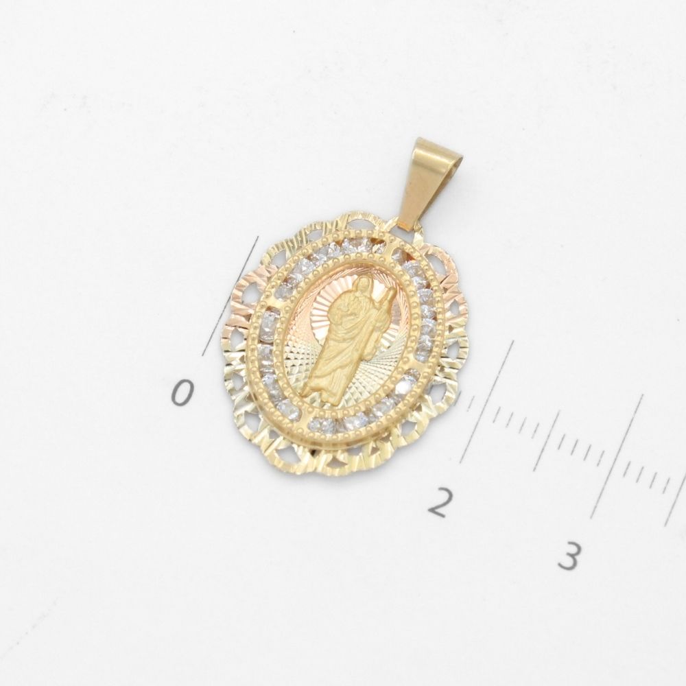 Medalla de Oro 14k San Judas en Diseño Oval Diamantado con Zirconias Brillantes mod. 9846