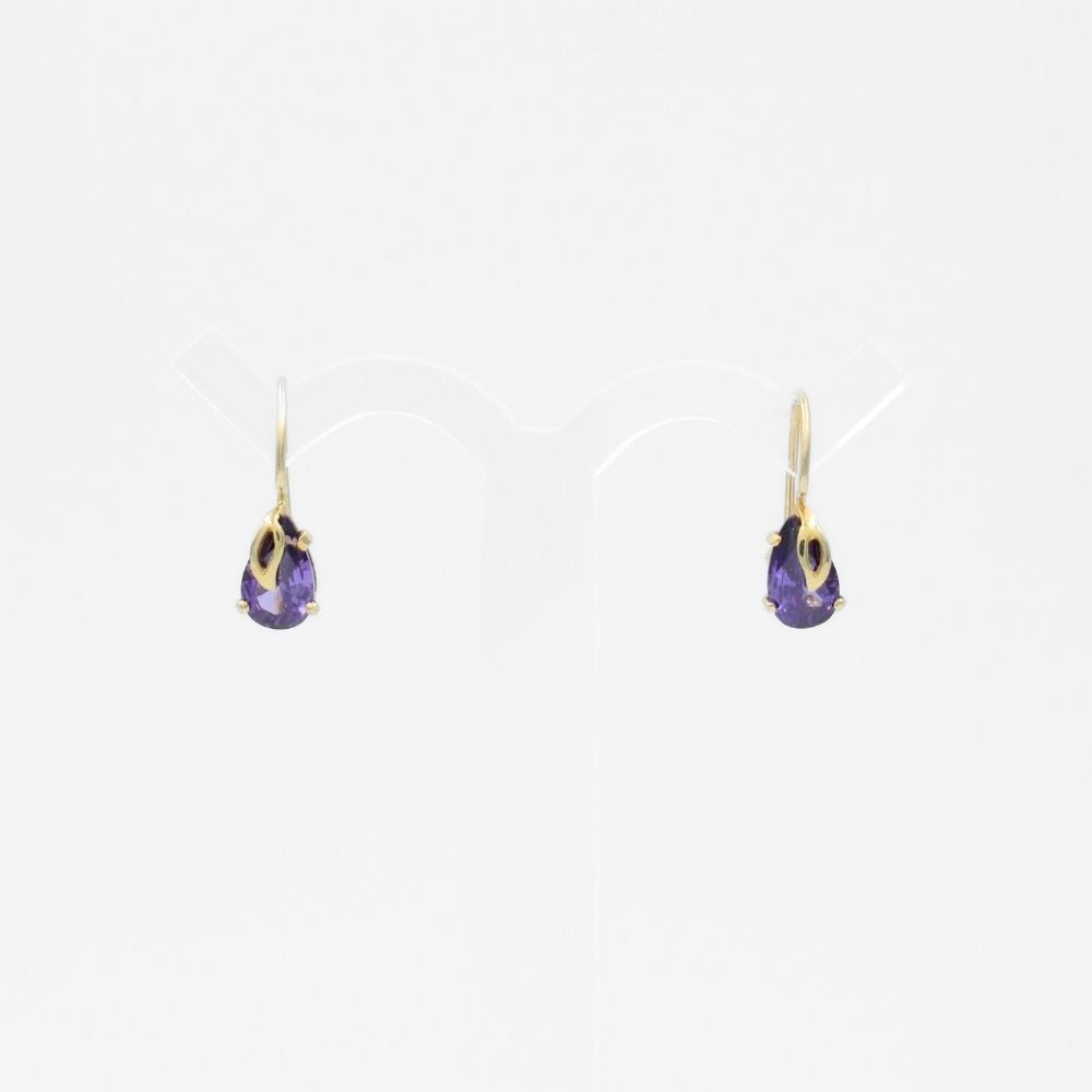 Arete con Broche Arillo de Oro 14k Gota de Zirconia Color Morado Violeta mod. 9766