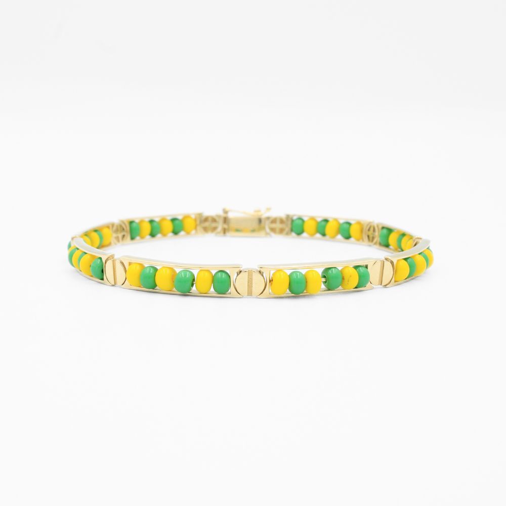 Pulsera de Oro 14k Orula con Cuentas Verdes y Amarillas para Santería mod. 8668