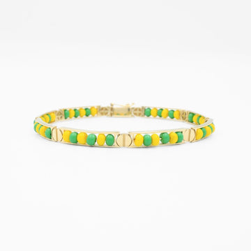 Pulsera de Oro 14k Orula con Cuentas Verdes y Amarillas para Santería mod. 8668
