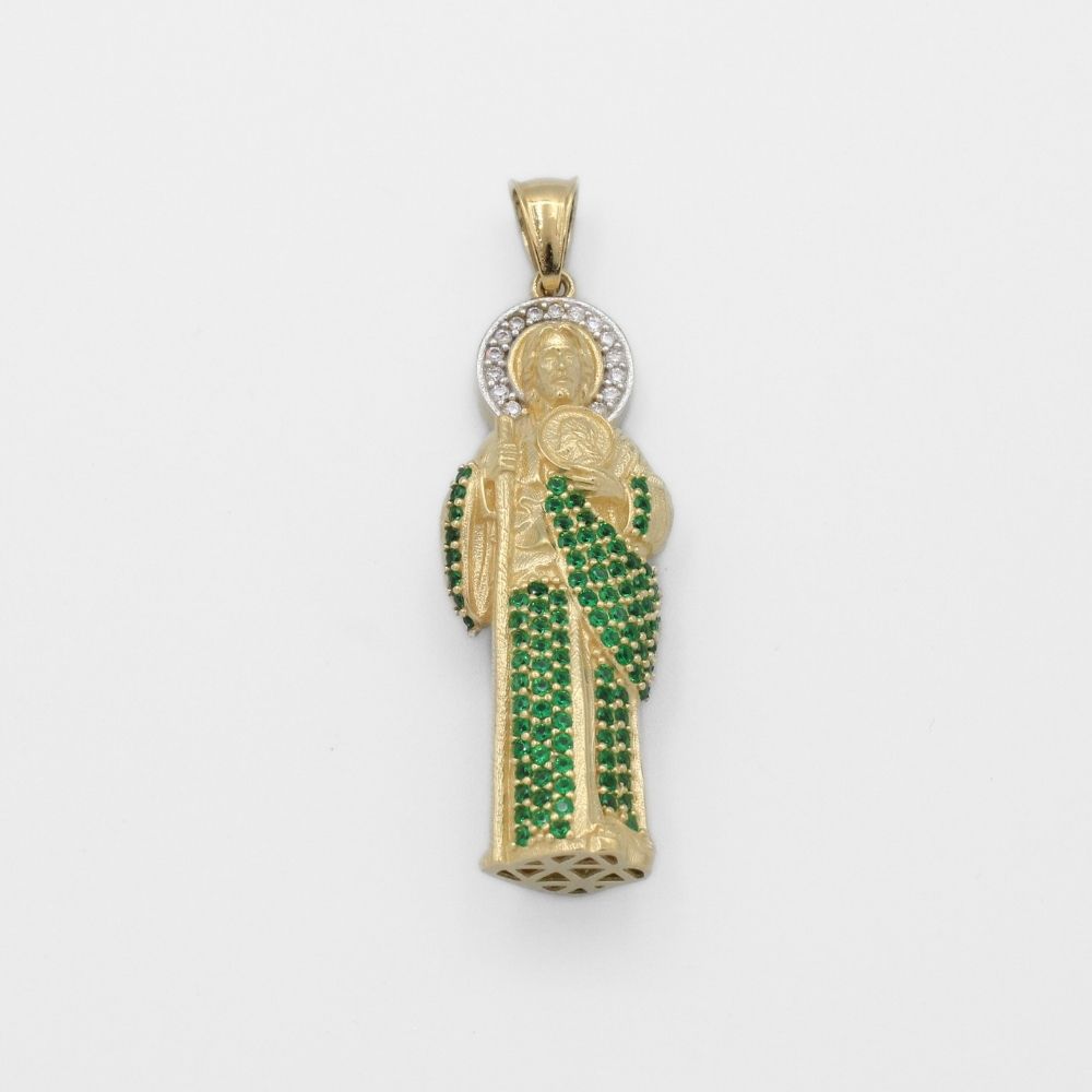 Dije de Oro 14k San Judas Tadeo con Zirconias Verdes y Blancas en Manto y Aureola Mod. 9871