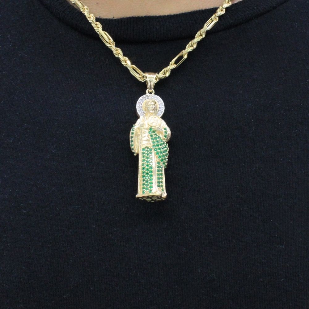 Dije de Oro 14k San Judas Tadeo con Zirconias Verdes y Blancas en Manto y Aureola Mod. 9871