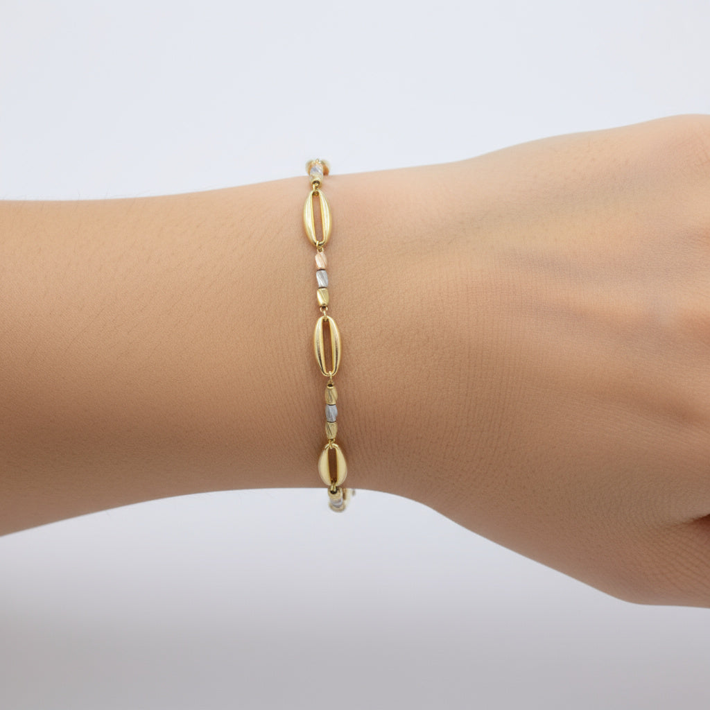 Pulsera de Oro 14k con Eslabones Huecos y Diamantados mod. 10022