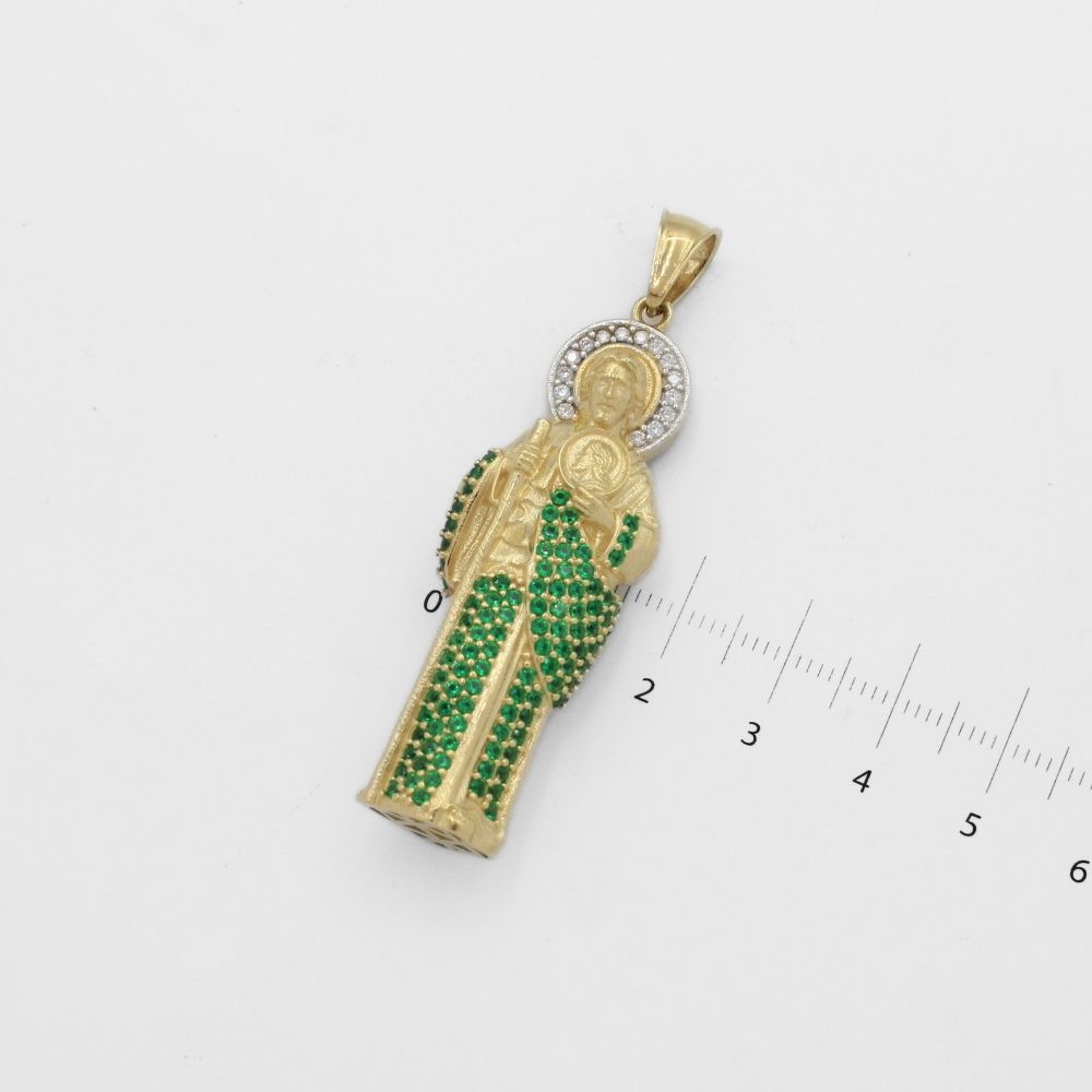 Dije de Oro 14k San Judas Tadeo con Zirconias Verdes y Blancas en Manto y Aureola Mod. 9871