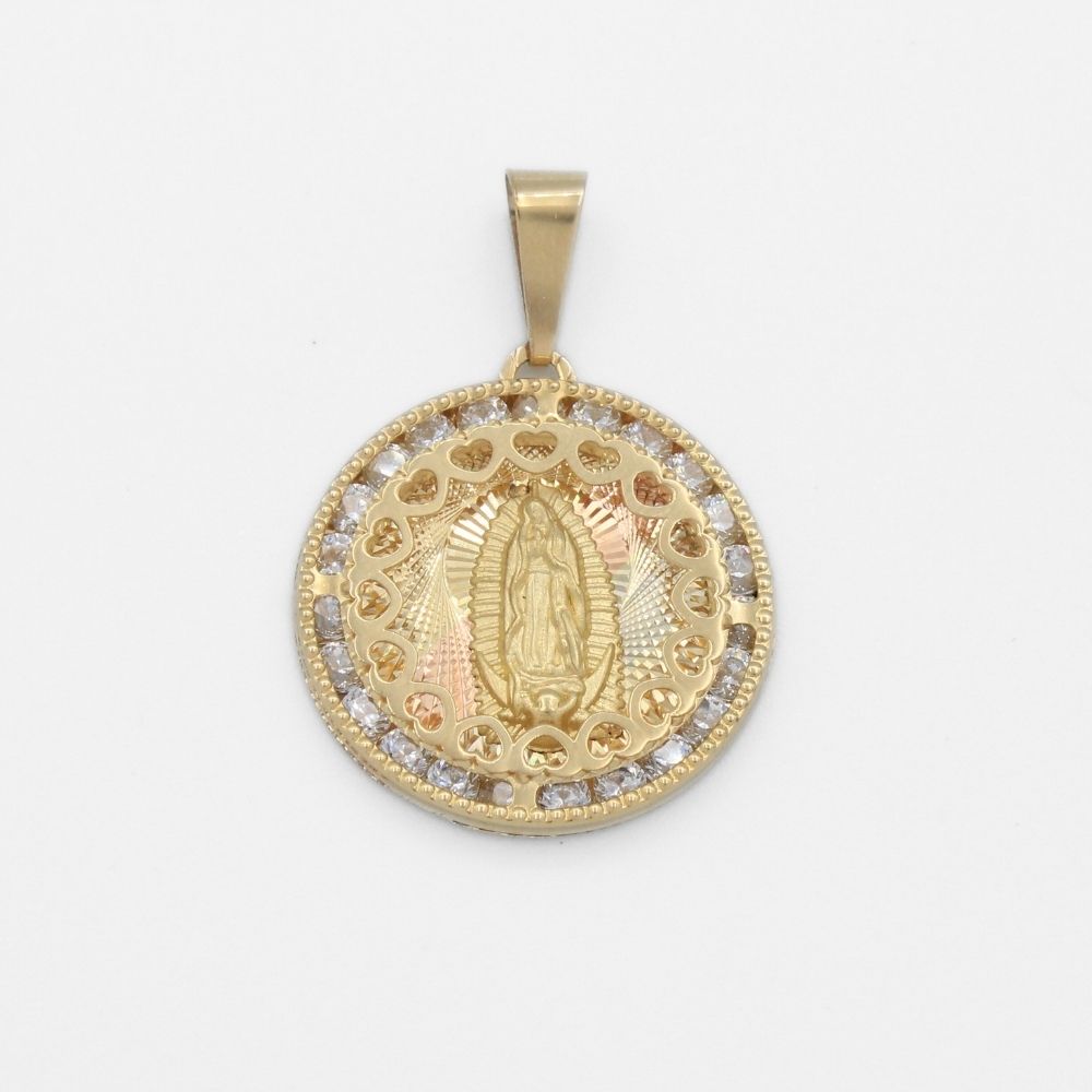 Medalla de Oro 14k de la Virgen de Guadalupe en Florentino con Orla de Corazones y Zirconias mod. 9898