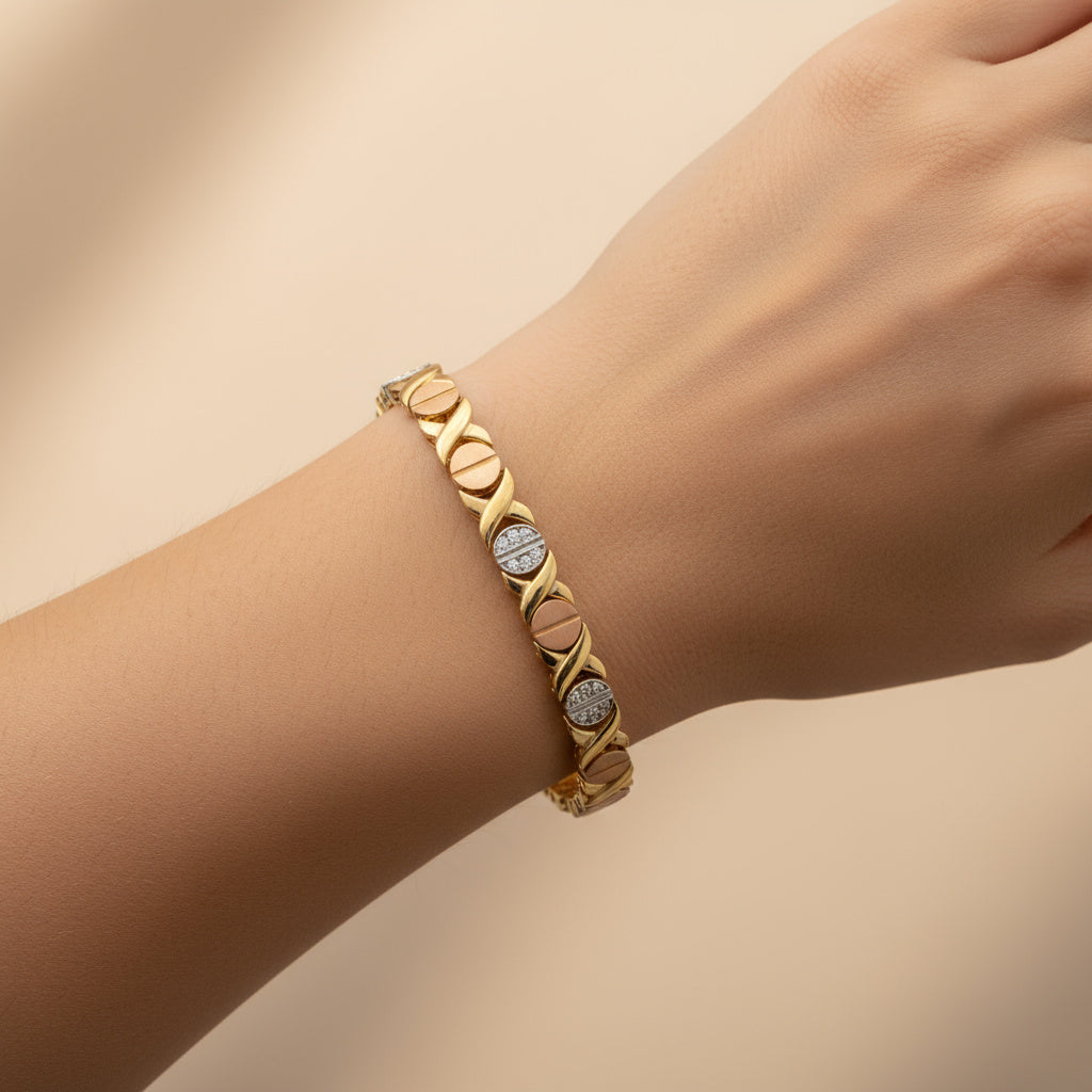 Pulsera de Oro 14k Diseño XOXO Hueco con Incrustación de Zirconias mod. 10023